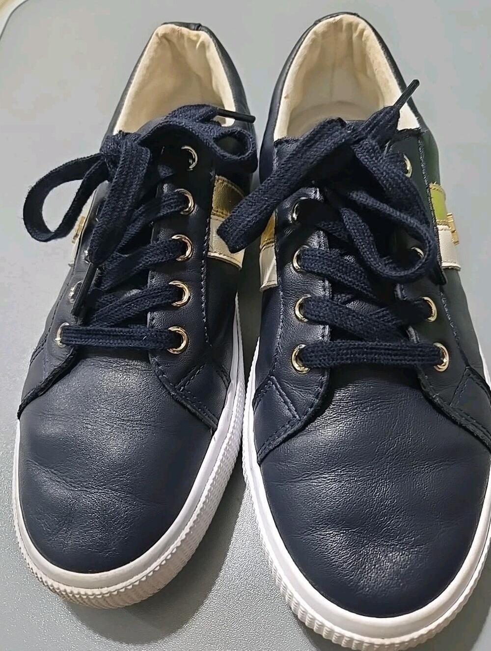 Lauren Ralph Lauren Janson II Leather Sneakers Womens 8 Navy Gold White